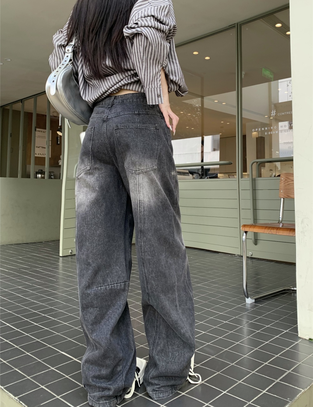 Washed deep color jeans Casual low-waist long pants for women