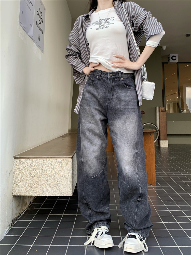 Washed deep color jeans Casual low-waist long pants for women