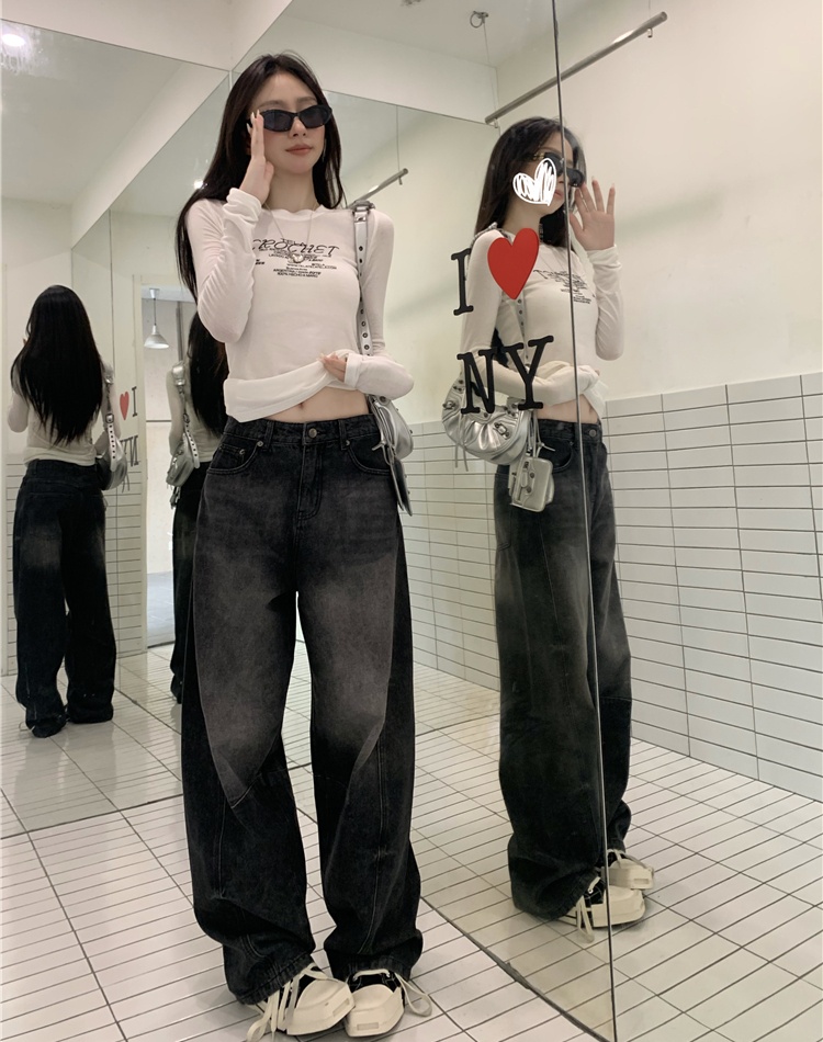 Washed deep color jeans Casual low-waist long pants for women