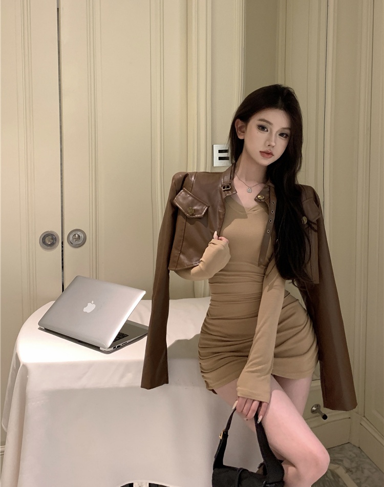 Short long sleeve coat cstand collar leather coat 2pcs set