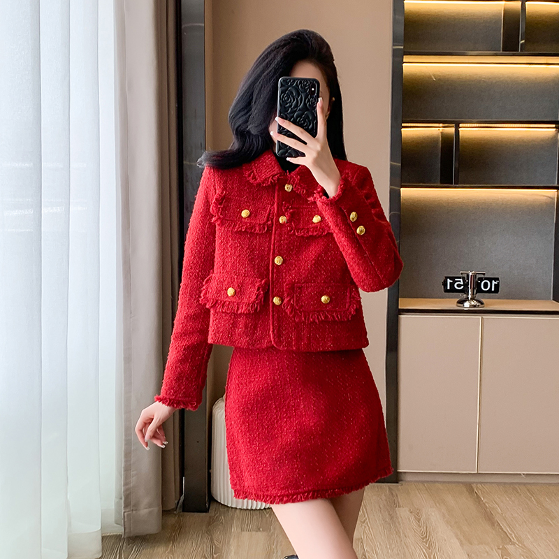 Red small dress ladies skirt 2pcs set for women