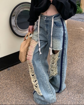 Mopping holes straight pants retro loose jeans