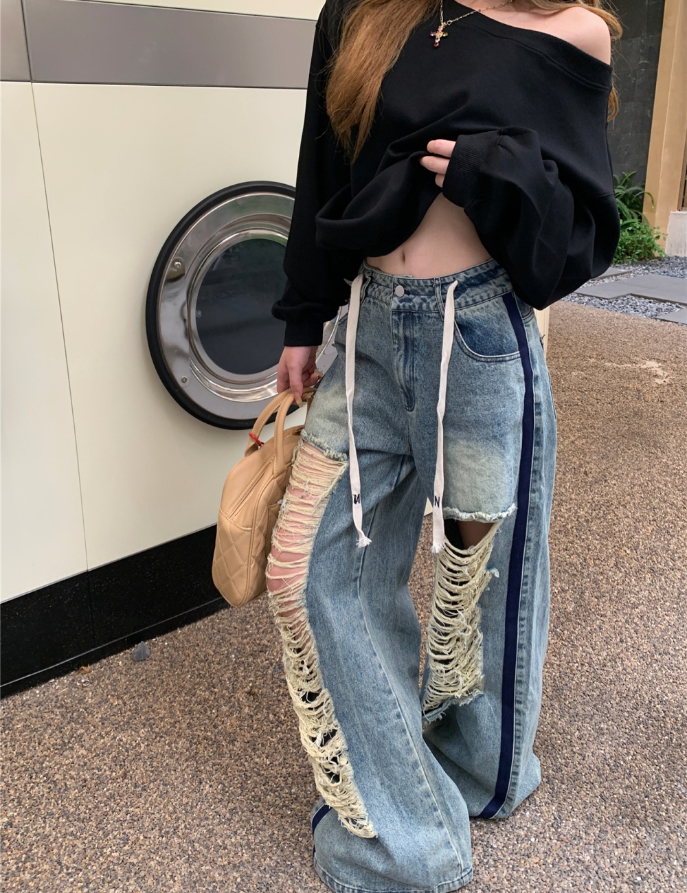 Mopping holes straight pants retro loose jeans