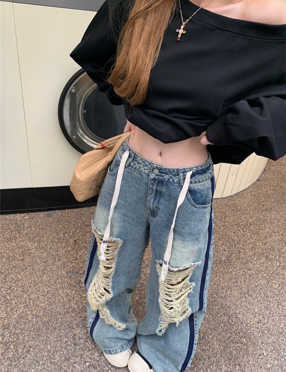 Mopping holes straight pants retro loose jeans