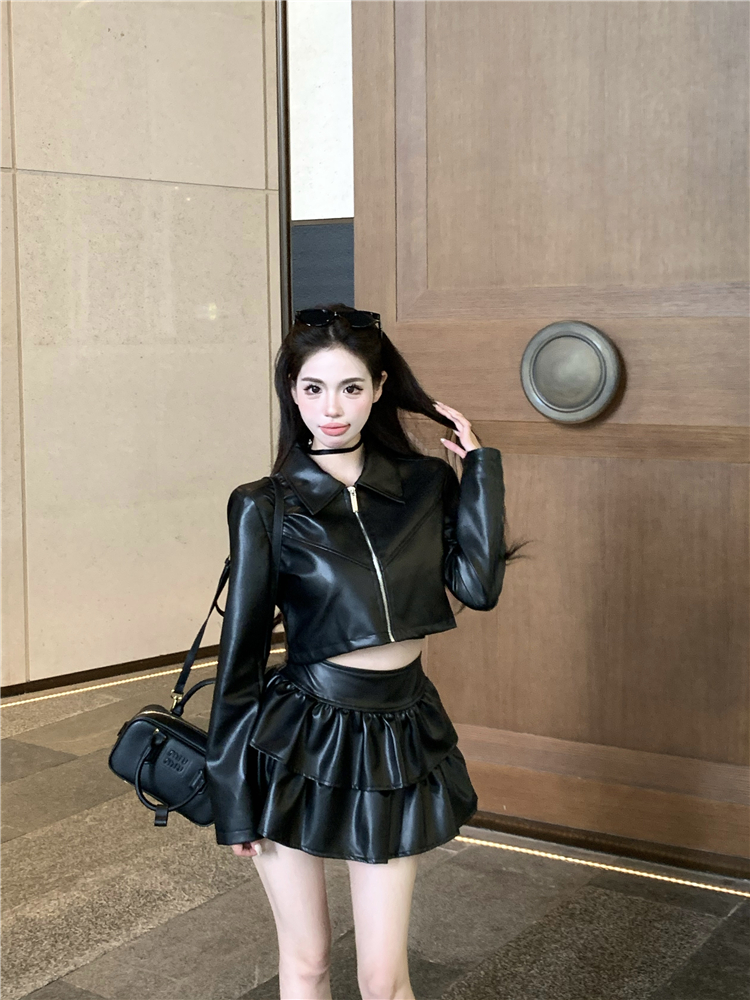 Spicegirl retro short skirt cake leather coat 2pcs set for women