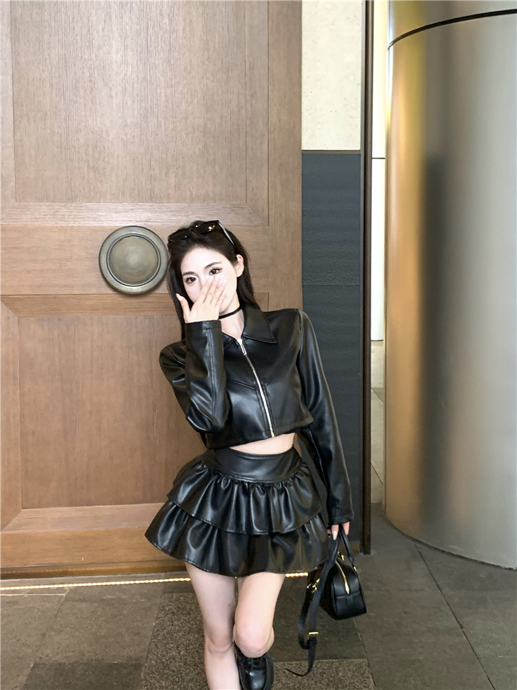 Spicegirl retro short skirt cake leather coat 2pcs set for women