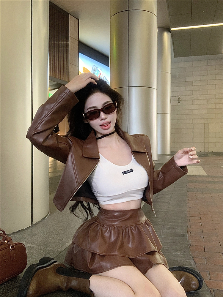 Spicegirl retro short skirt cake leather coat 2pcs set for women