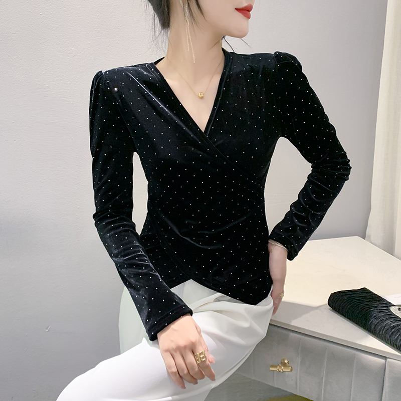 Fully-jewelled Western style T-shirt slim small shirt