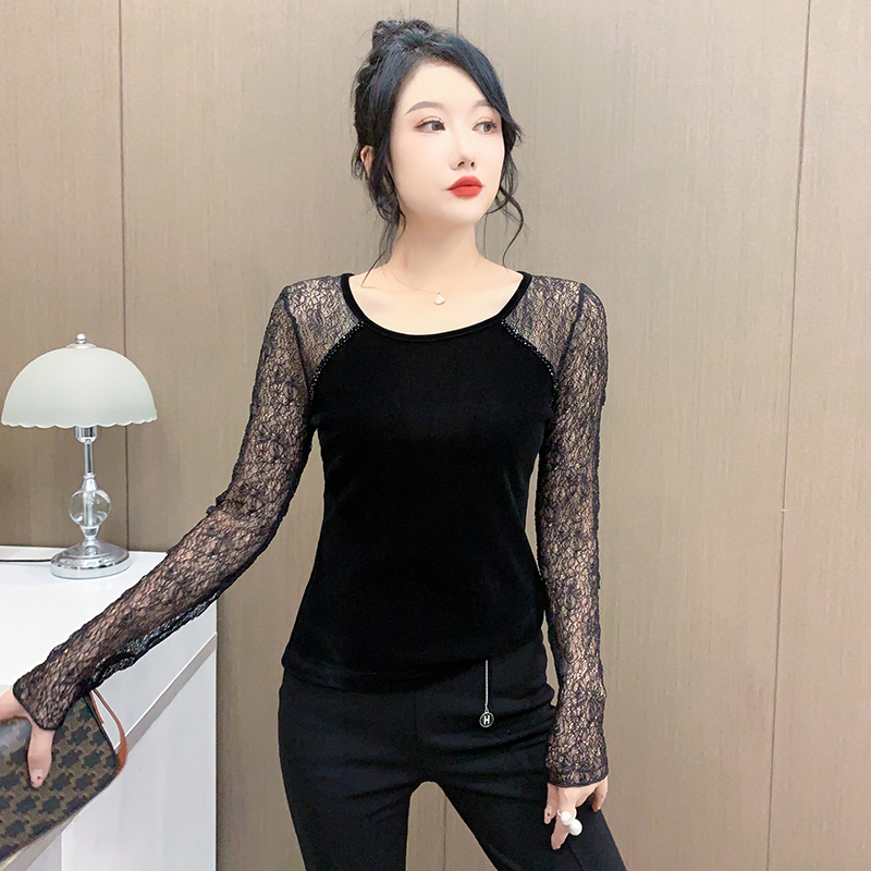 Gauze splice sequins T-shirt unique slim small shirt for women