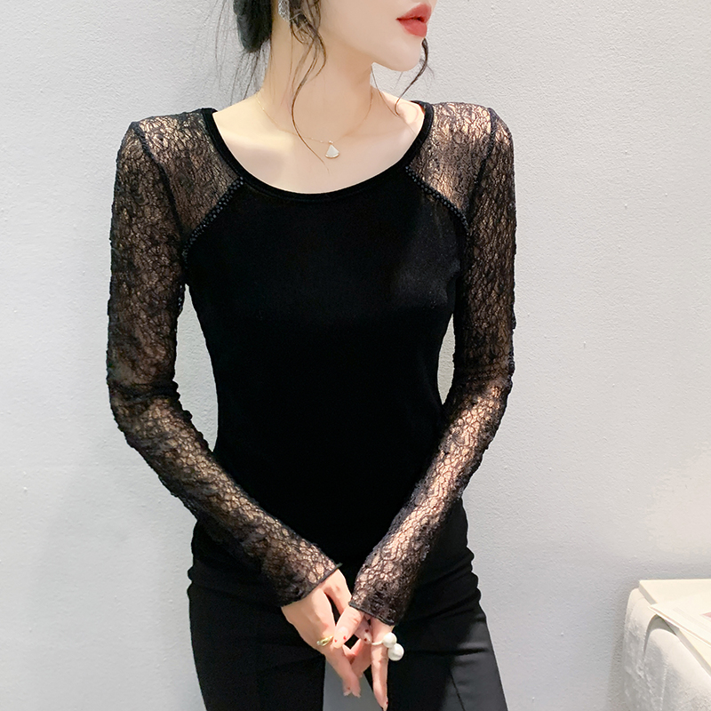 Gauze splice sequins T-shirt unique slim small shirt for women