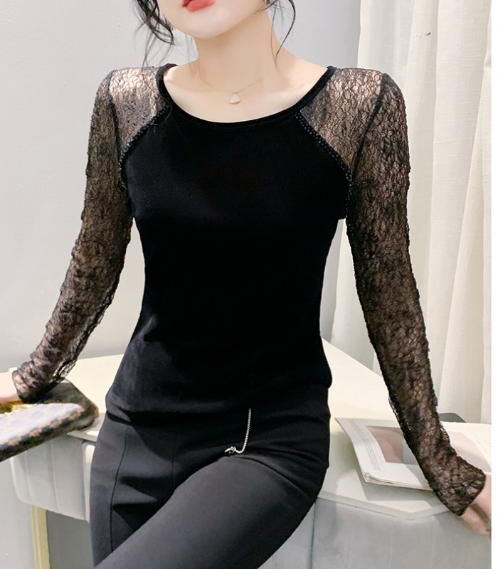 Gauze splice sequins T-shirt unique slim small shirt for women