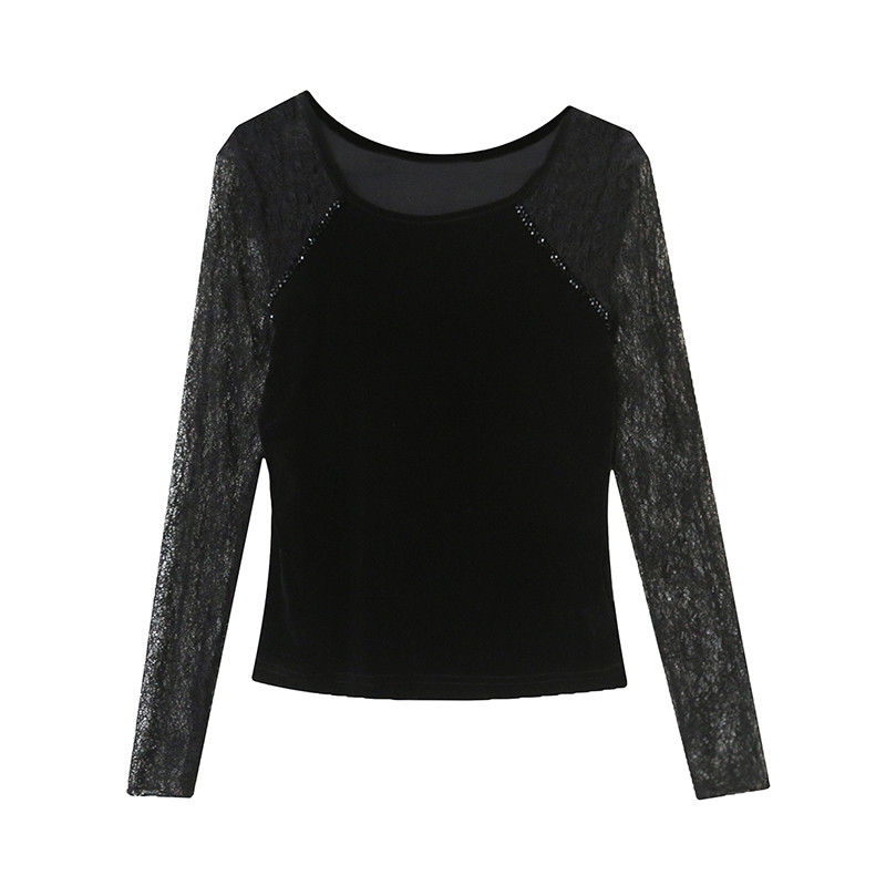 Gauze splice sequins T-shirt unique slim small shirt for women