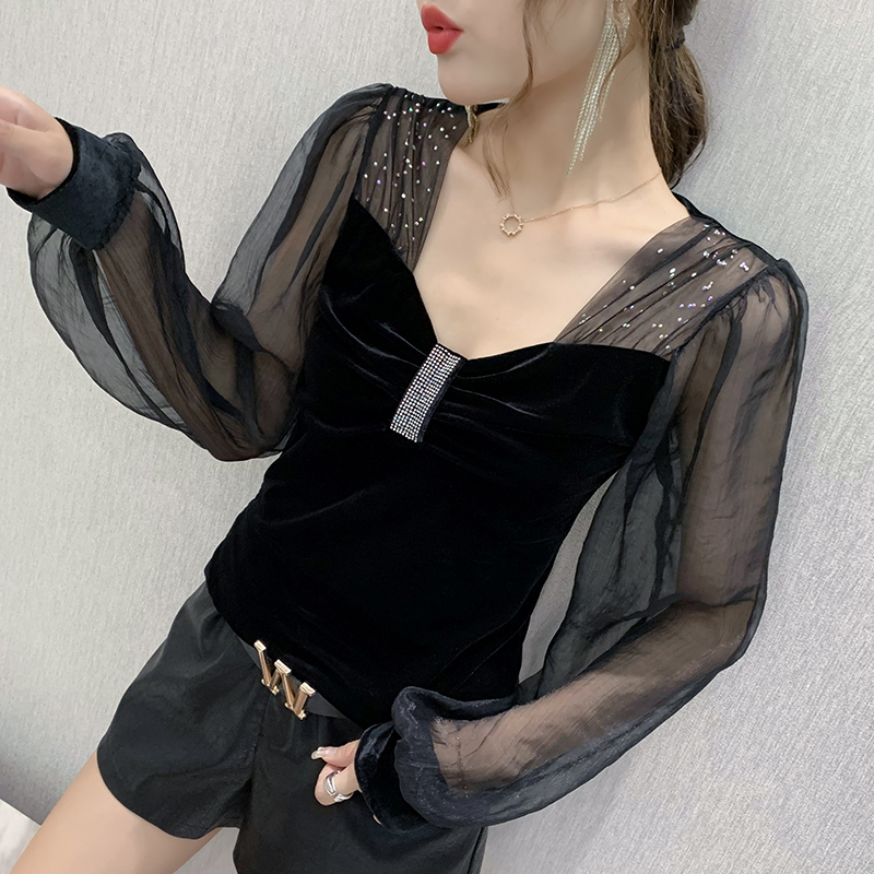 Rhinestone fashion small shirt large yard tops for women