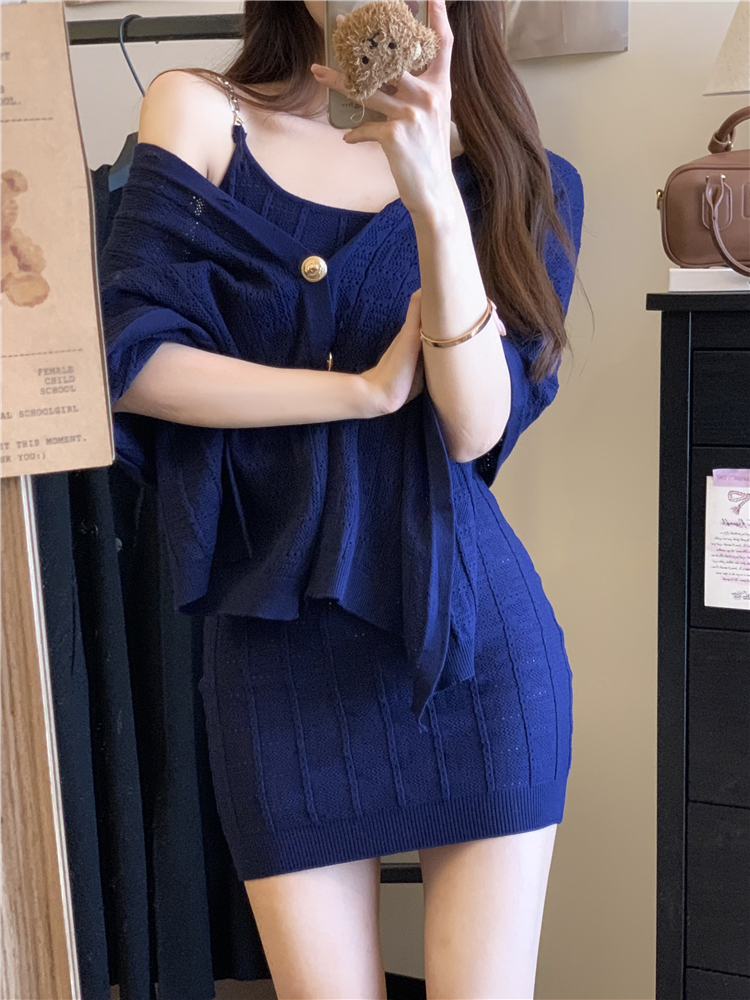 Slim strap dress pinched waist cloak 2pcs set for women