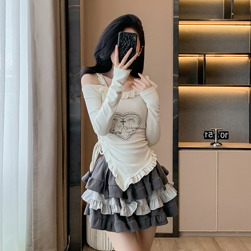 Autumn cake tops beige short skirt 2pcs set