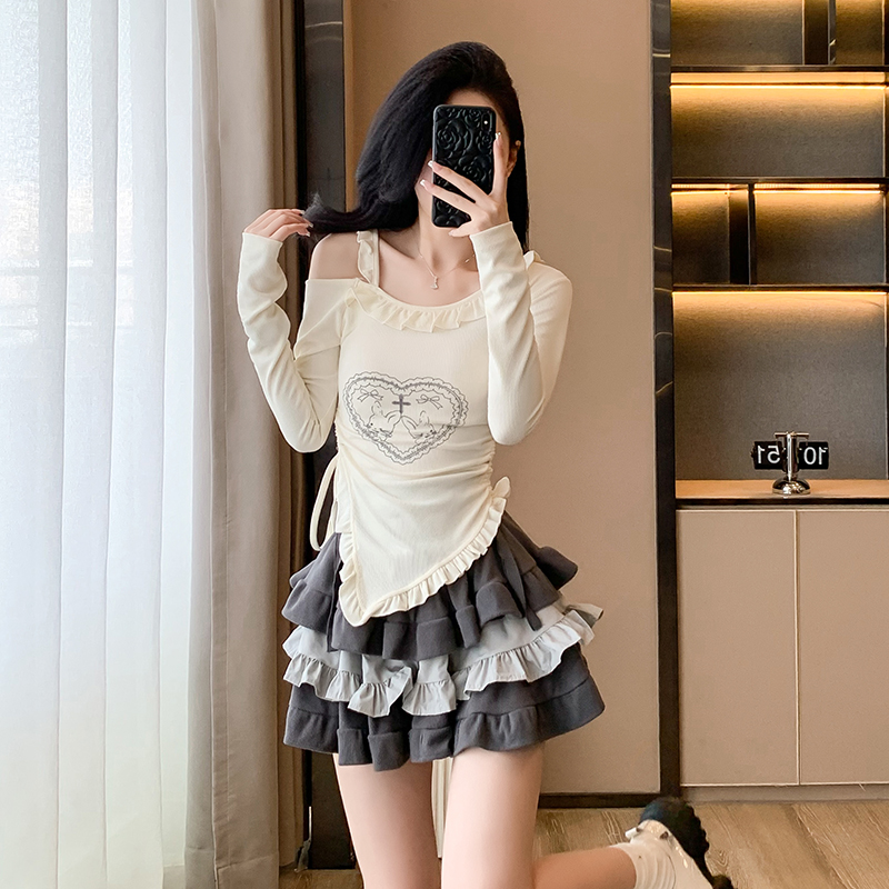 Autumn cake tops beige short skirt 2pcs set