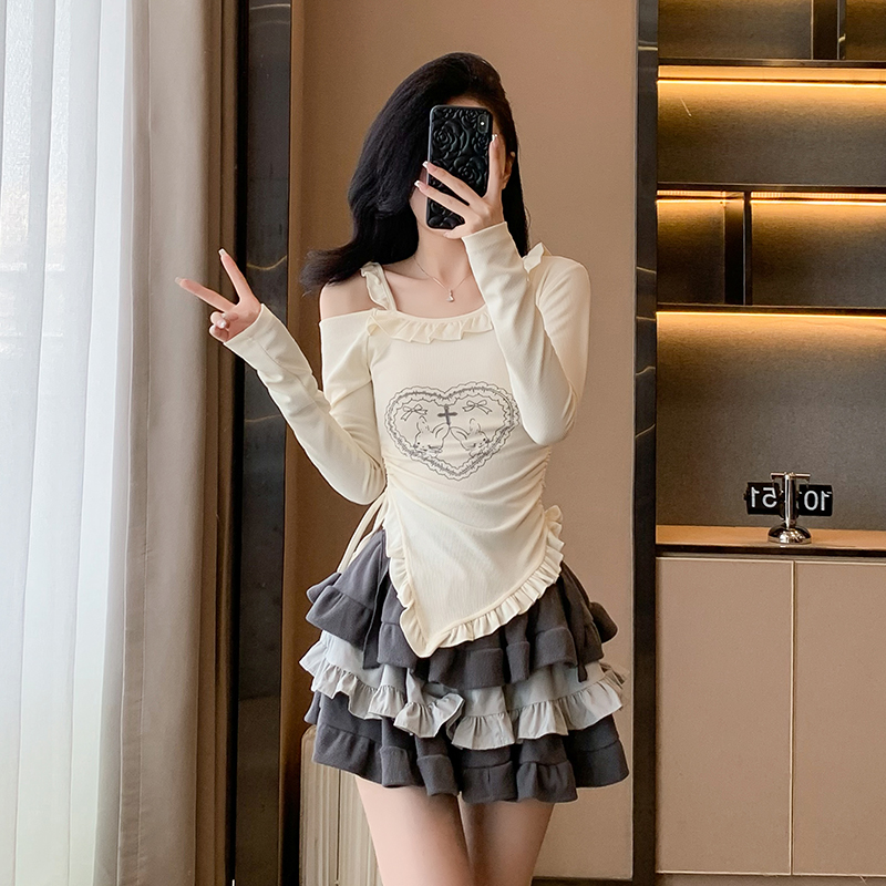 Autumn cake tops beige short skirt 2pcs set