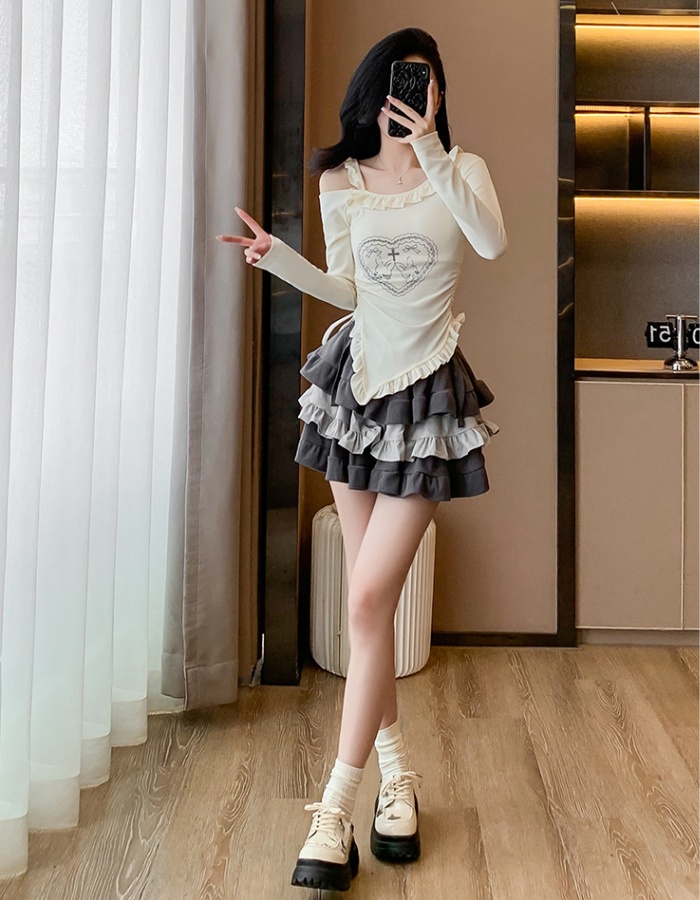 Autumn cake tops beige short skirt 2pcs set