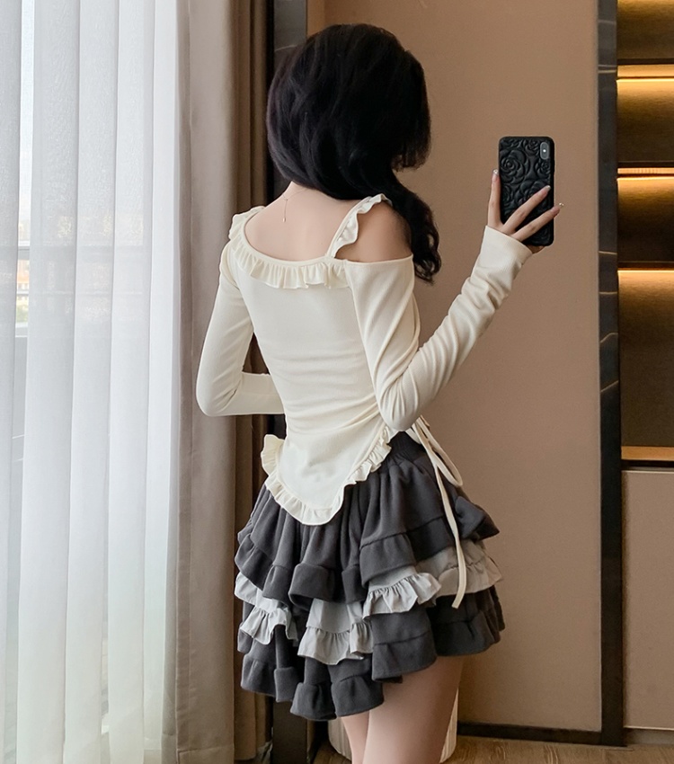 Autumn cake tops beige short skirt 2pcs set