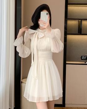 Unique long sleeve T-back temperament pinched waist dress