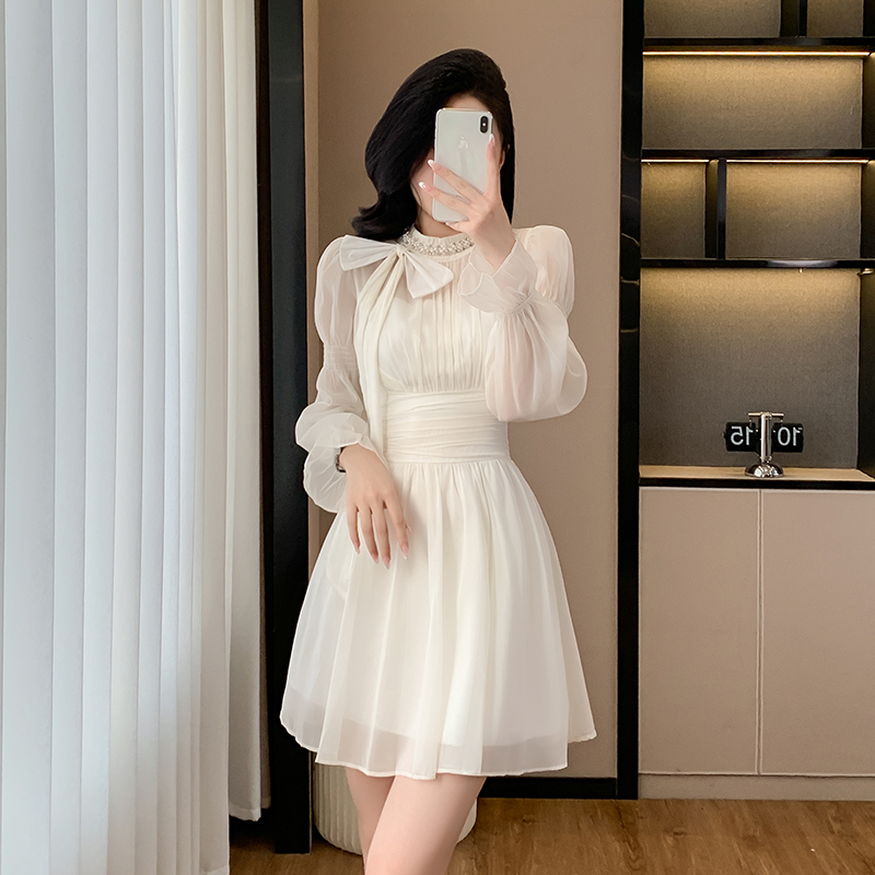 Unique long sleeve T-back temperament pinched waist dress