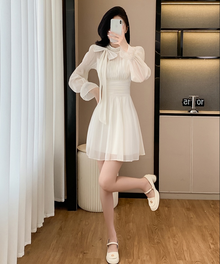 Unique long sleeve T-back temperament pinched waist dress