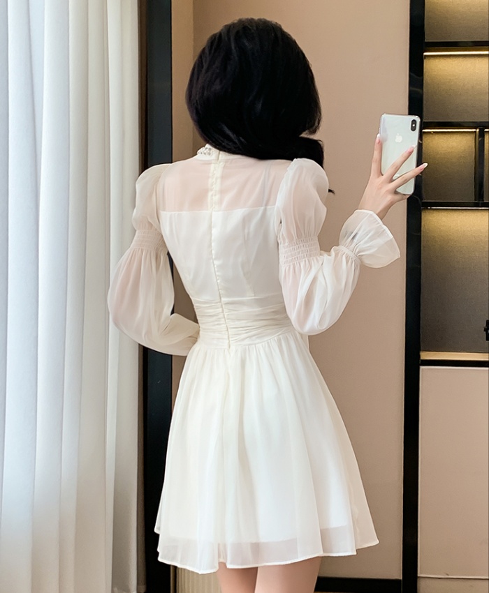 Unique long sleeve T-back temperament pinched waist dress