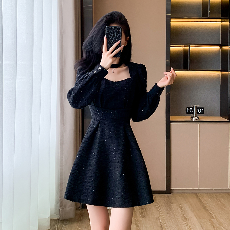 A-line sequins autumn and winter Hepburn style dress