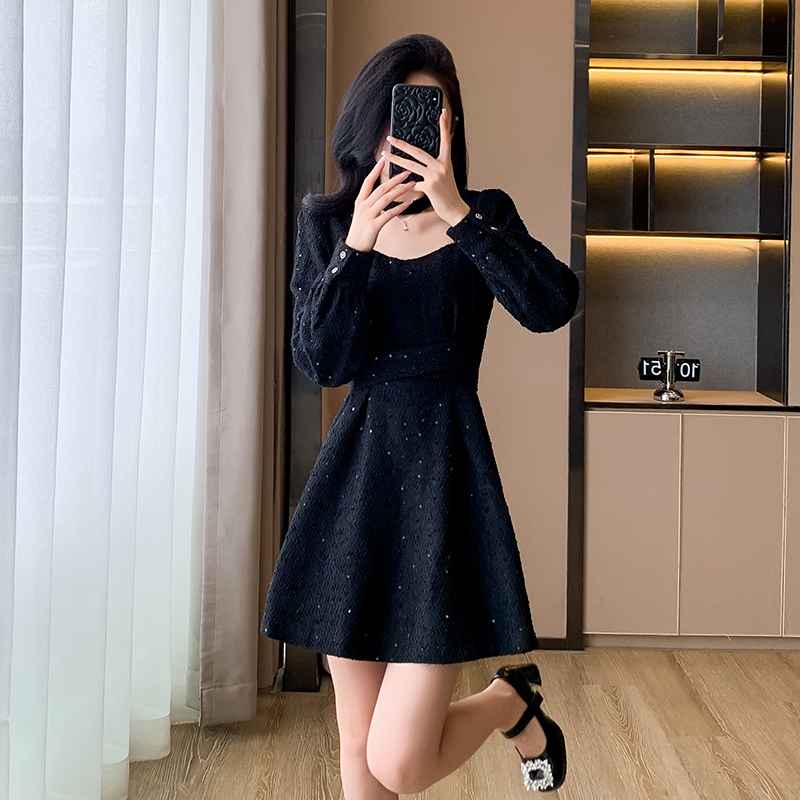 A-line sequins autumn and winter Hepburn style dress