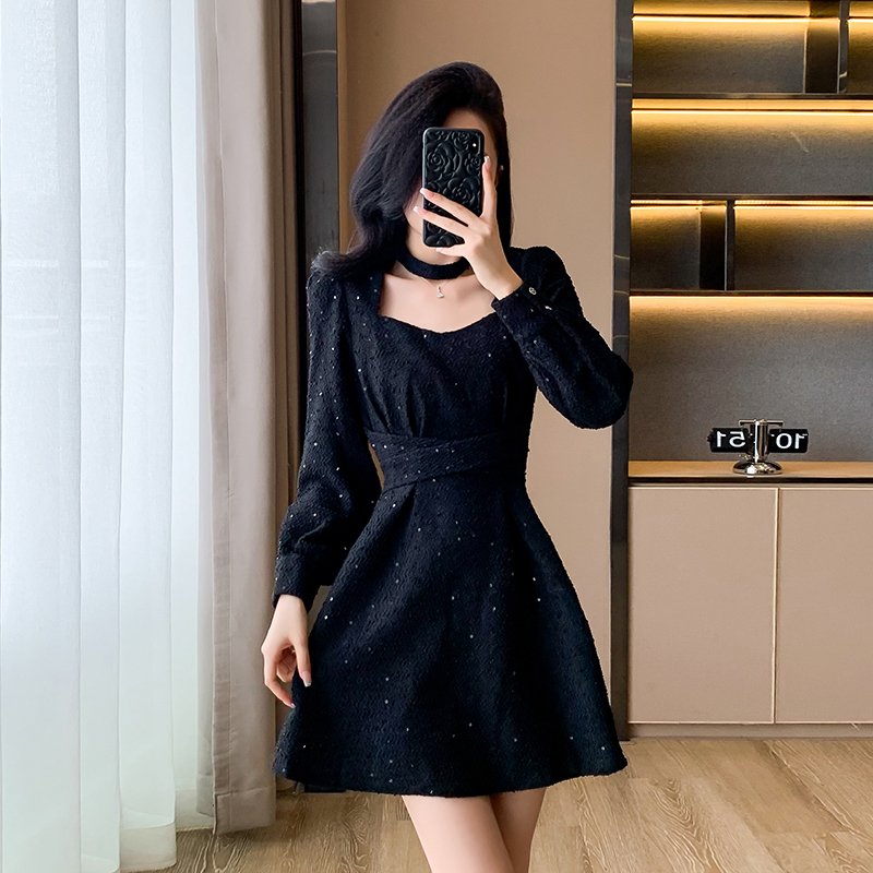 A-line sequins autumn and winter Hepburn style dress