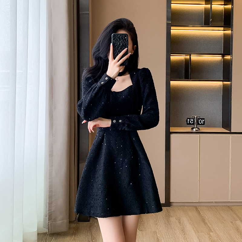 A-line sequins autumn and winter Hepburn style dress