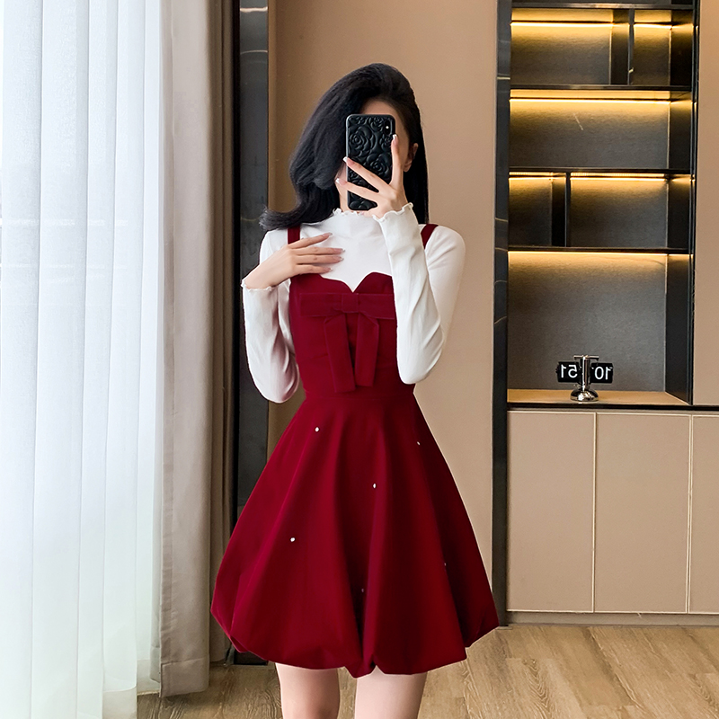 Thick and disorderly lady dress bow tops 2pcs set for women