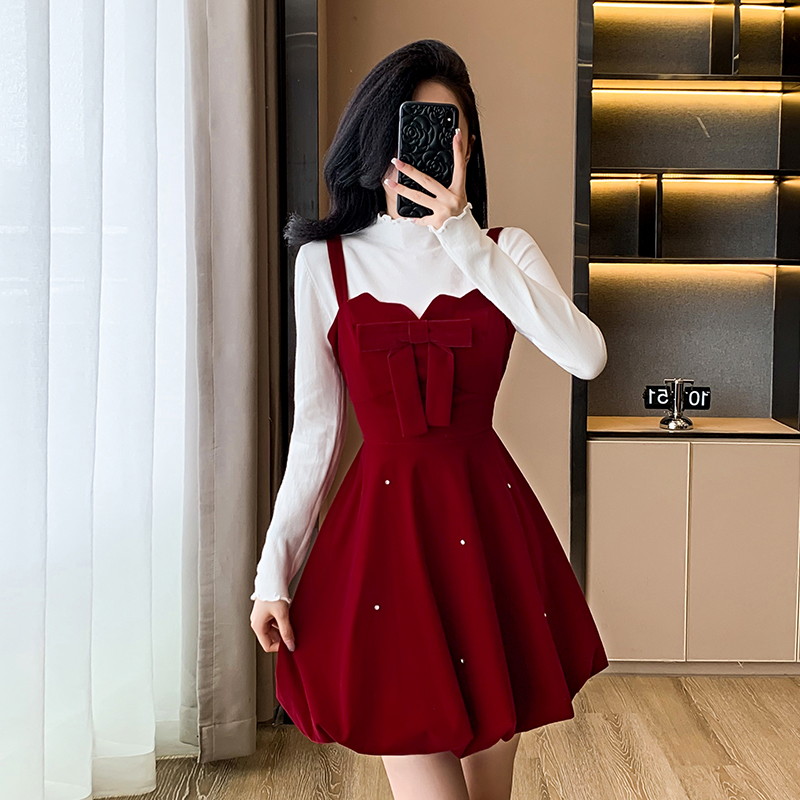 Thick and disorderly lady dress bow tops 2pcs set for women