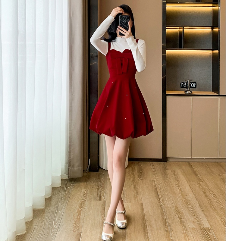 Thick and disorderly lady dress bow tops 2pcs set for women