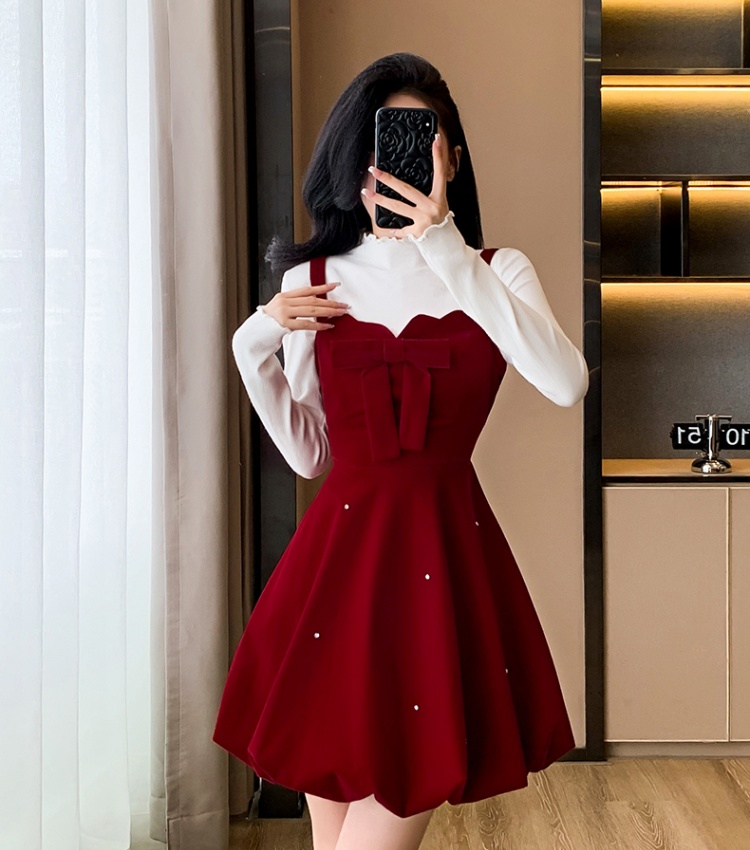 Thick and disorderly lady dress bow tops 2pcs set for women