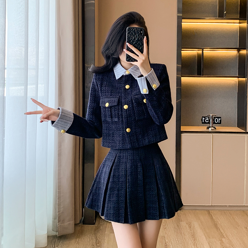 Chanelstyle coat blue skirt 2pcs set for women