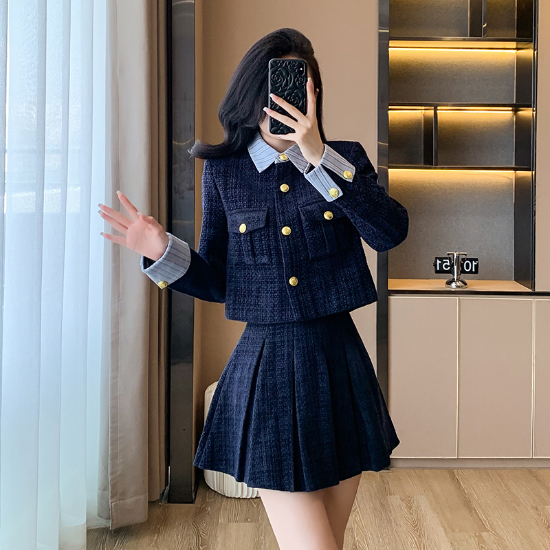 Chanelstyle coat blue skirt 2pcs set for women