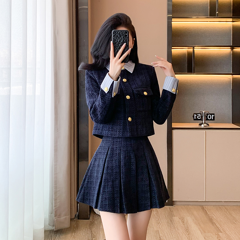 Chanelstyle coat blue skirt 2pcs set for women