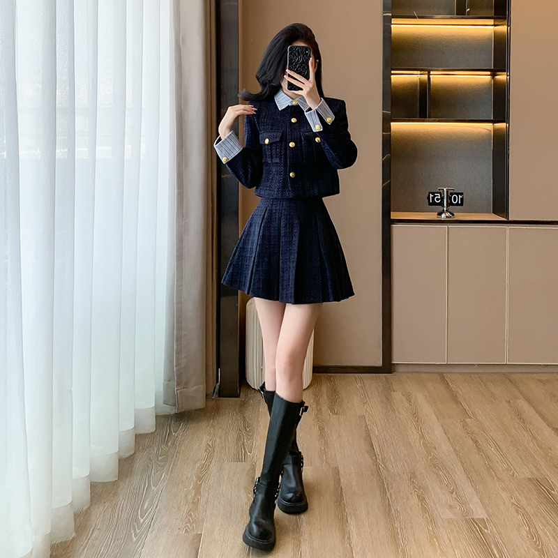 Chanelstyle coat blue skirt 2pcs set for women