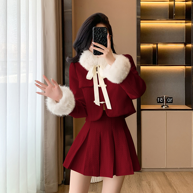 Chanelstyle red coat Chinese style down coat 2pcs set