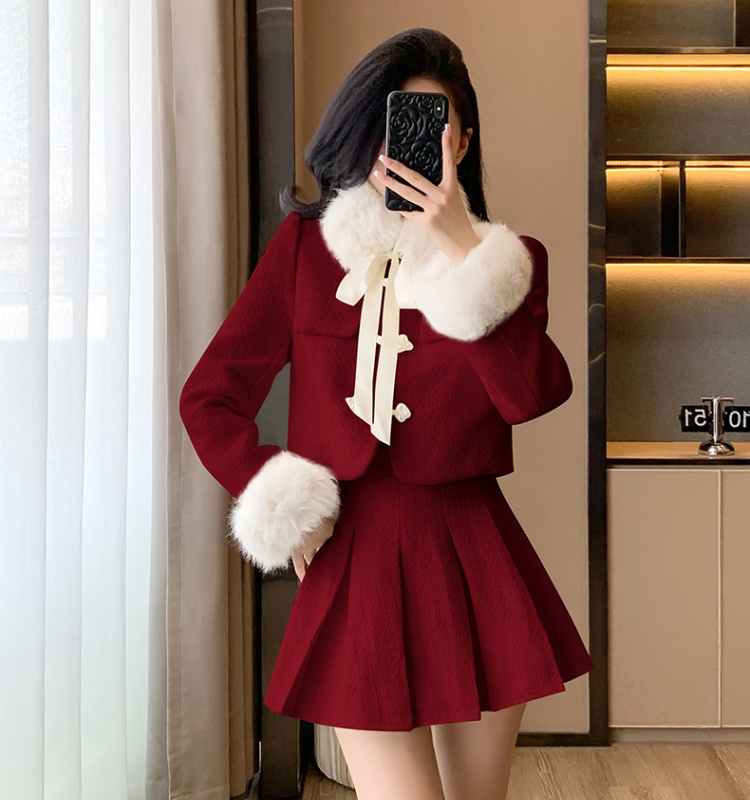 Chanelstyle red coat Chinese style down coat 2pcs set