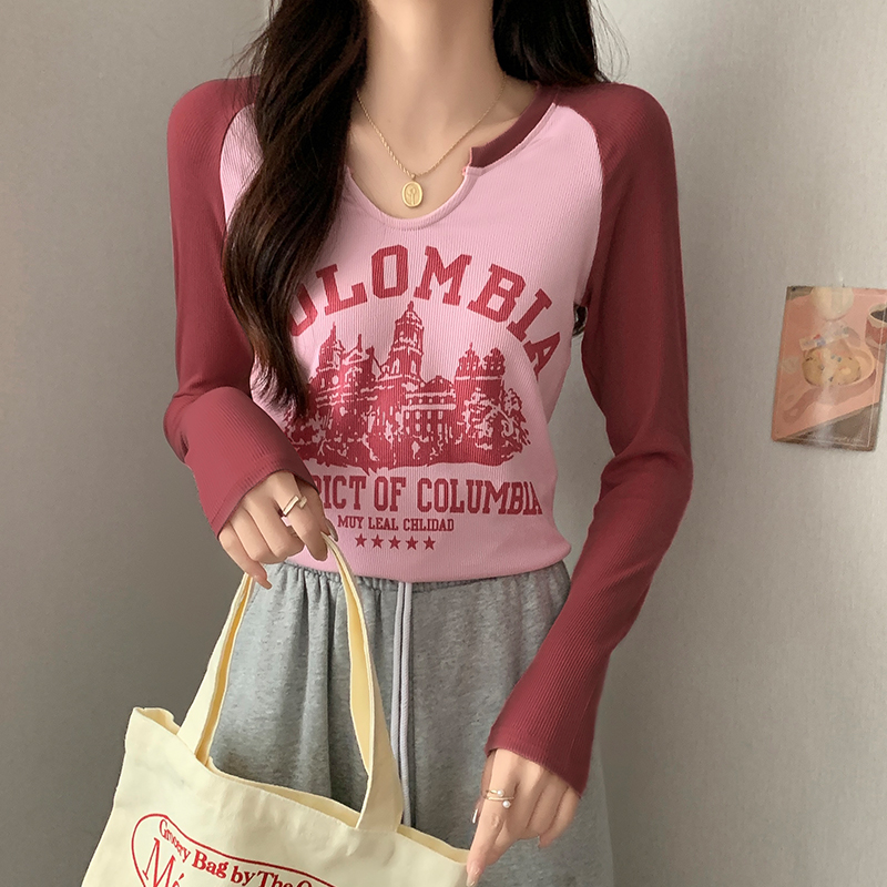 V-neck T-shirt autumn and winter tops for women