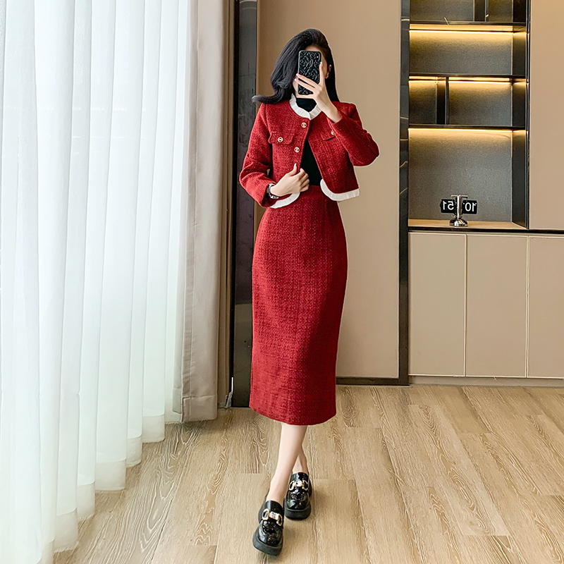 Red temperament skirt ladies chanelstyle woolen coat 2pcs set