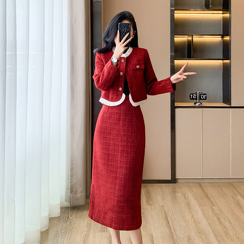 Red temperament skirt ladies chanelstyle woolen coat 2pcs set