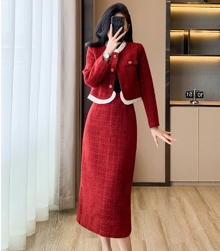 Red temperament skirt ladies chanelstyle woolen coat 2pcs set