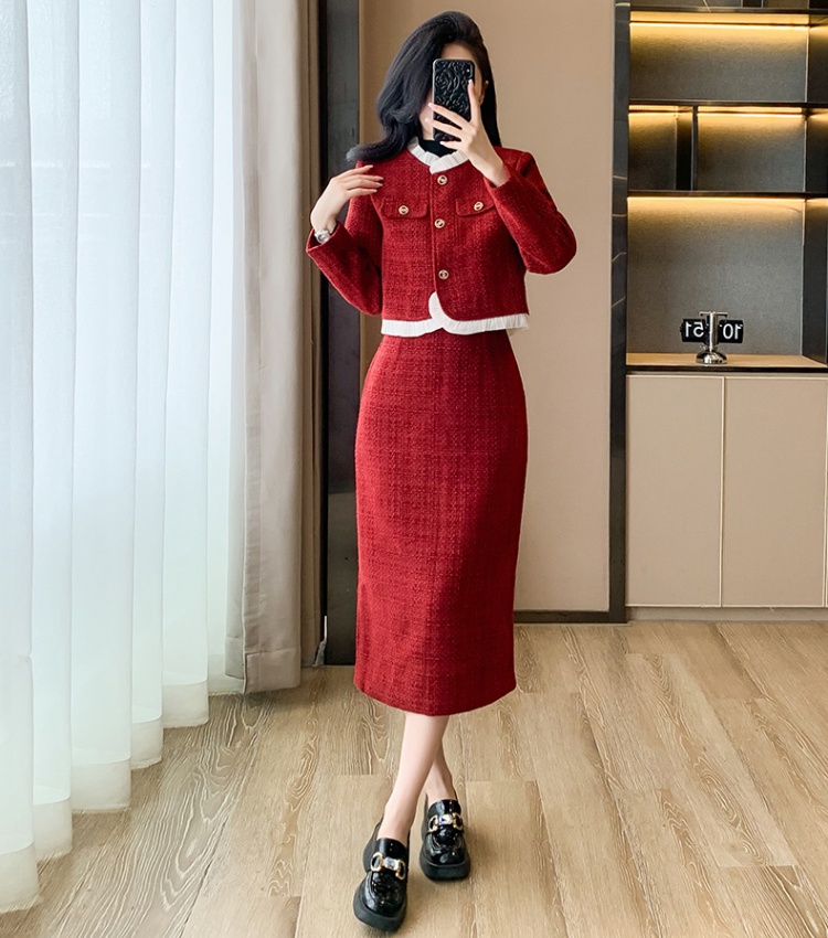 Red temperament skirt ladies chanelstyle woolen coat 2pcs set