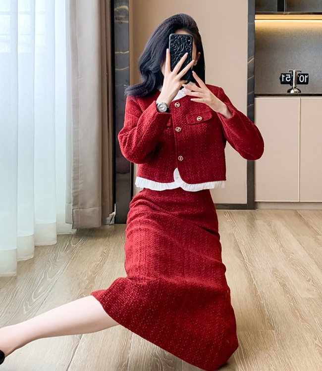 Red temperament skirt ladies chanelstyle woolen coat 2pcs set