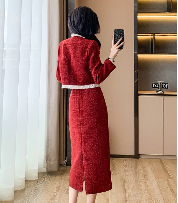 Red temperament skirt ladies chanelstyle woolen coat 2pcs set