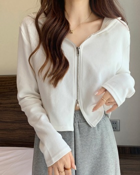 Autumn and winter student hooded retro tops short loose zip coat