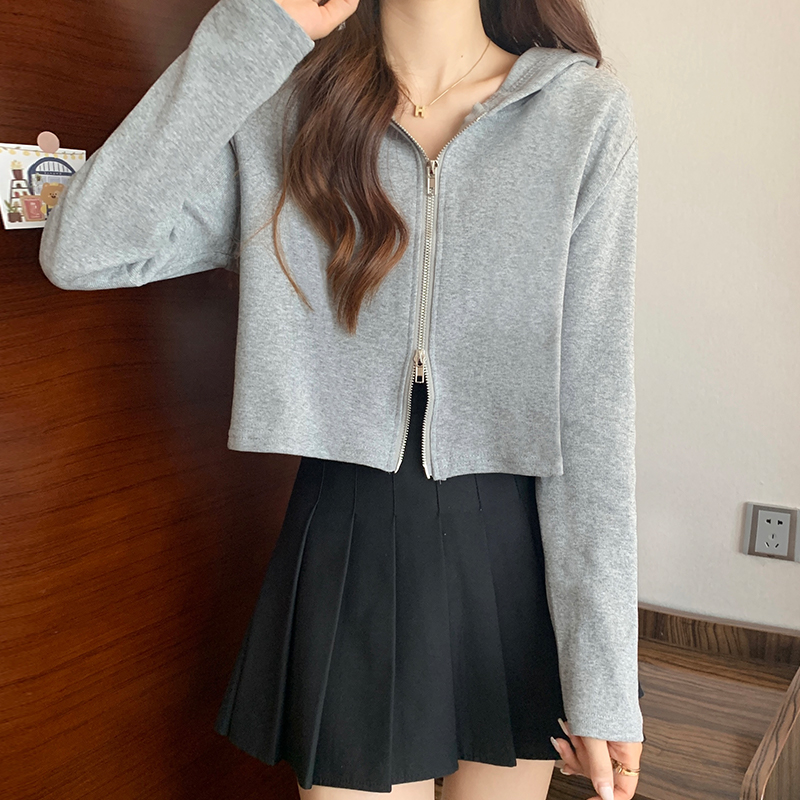 Autumn and winter student hooded retro tops short loose zip coat